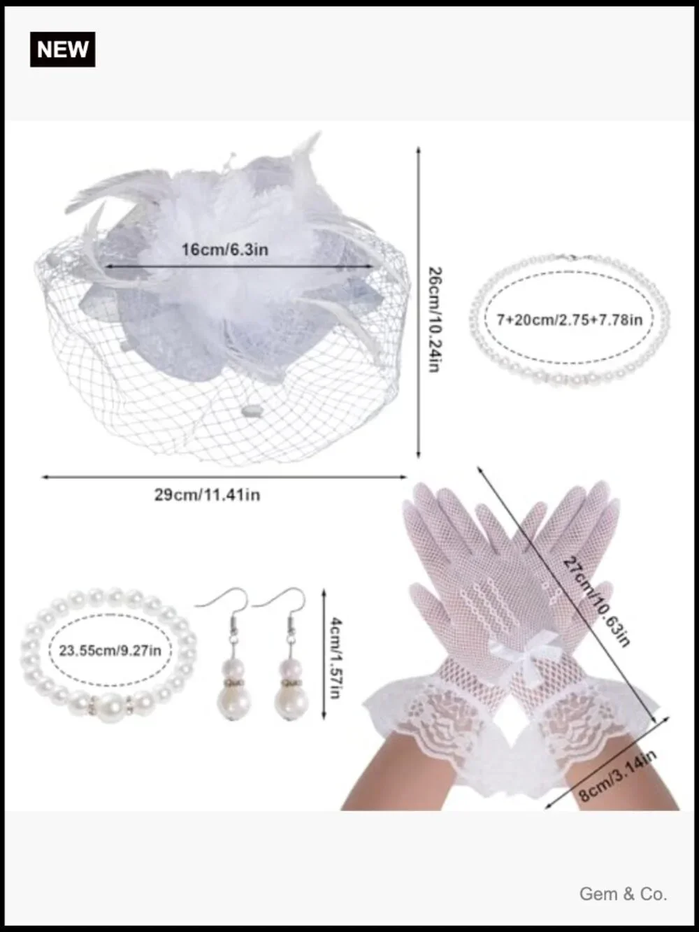 Tea Party Hat and Gloves Set - Fascinator with Pearl Jewelry - Picture 2 of 6